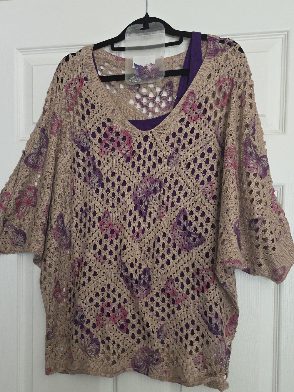 Beige Open-Knit Butterfly Pullover with Purple Tank